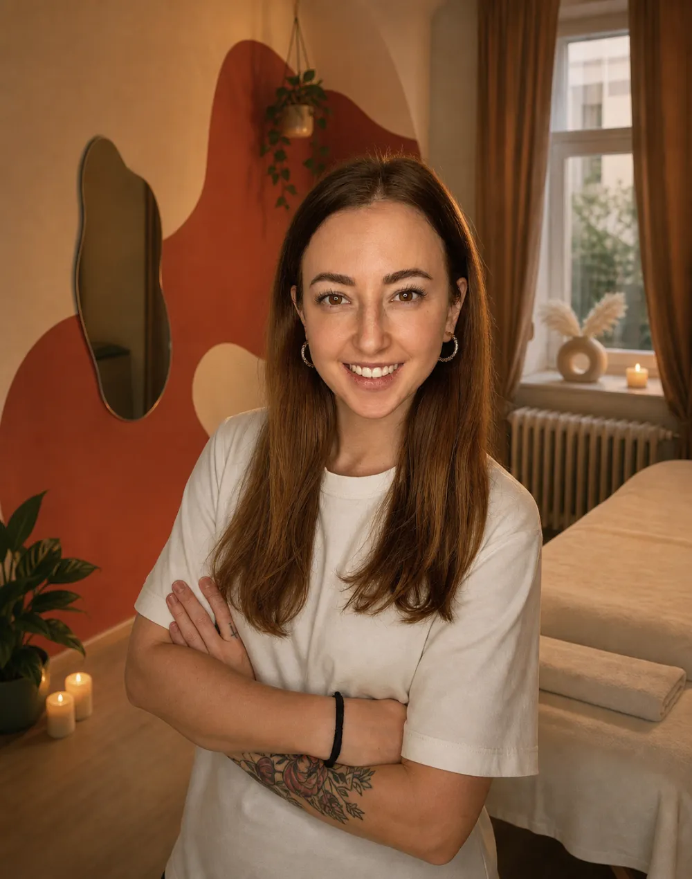 Hanka Matoušová se zkříženými pažemi u masážního lehátka