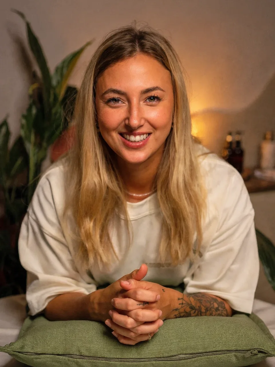Hanka Matoušová se usmívá, lokty opřené o zelený polštář na masážním lehátku