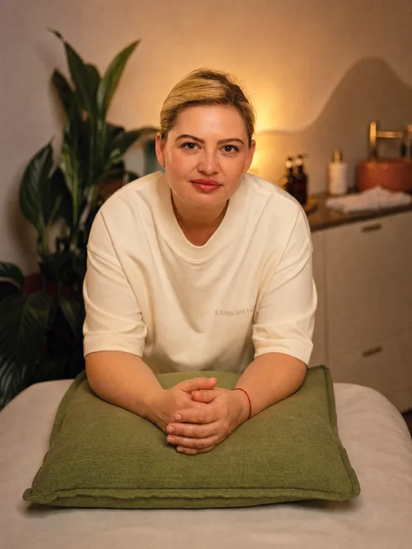 Masérka Káťa s krátkými světlými vlasy, ruce sepjaté na zeleném polštáři na masážním lehátku